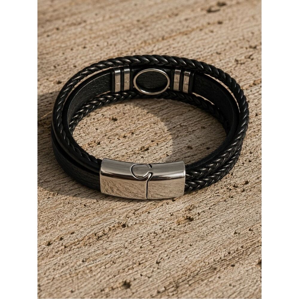 Vegvísir Compass Bracelet – Black Braided Vegan Leather - Picture 6 of 7